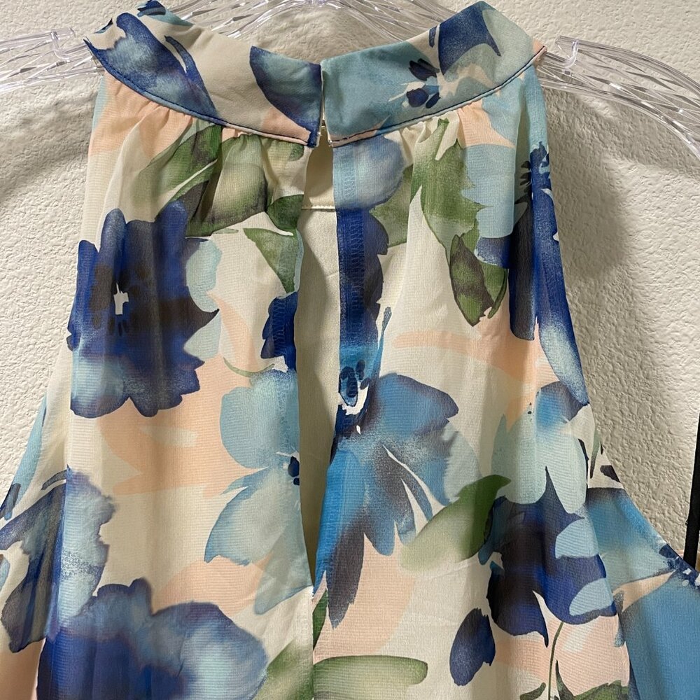 JULIA JORDAN Halter Chiffon Lined Maxi Dress Tiered Full Skirt Floral Blue 14 - Picture 8 of 11